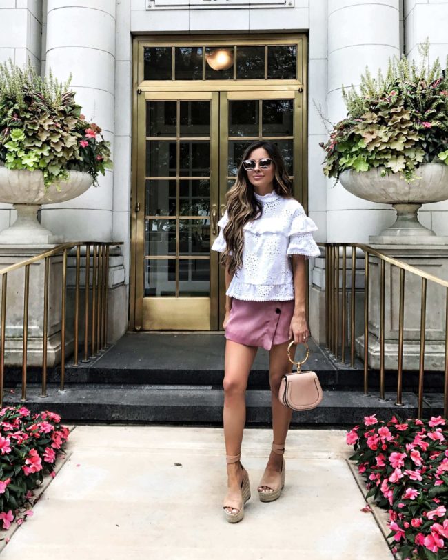 fashion blogger mia mia mine wearing a pink skirt from nordstrom