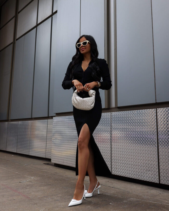 fashion blogger wearing a black knit set from nordstrom