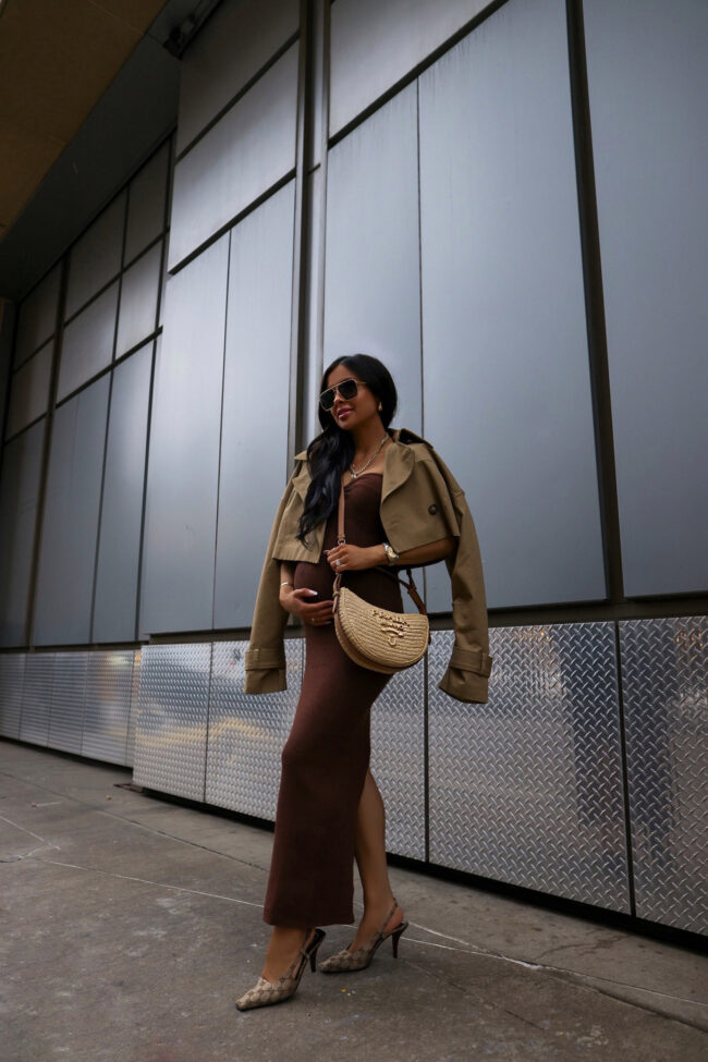 fashion blogger mia mia mine wearing a chic maternity outfit from amazon