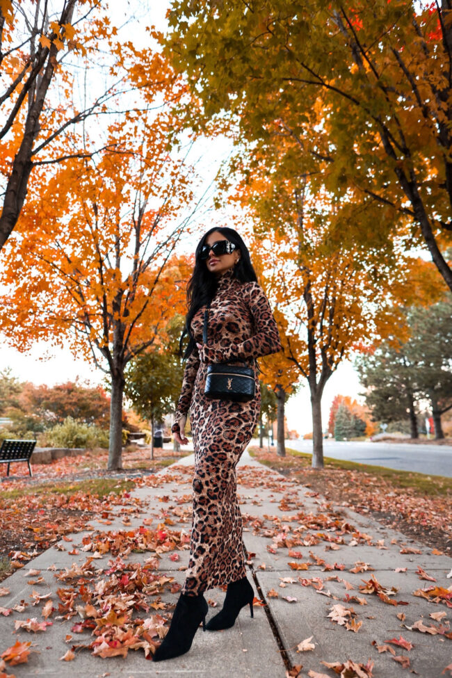 mia mia mine wearing an afrm leopard dress for fall