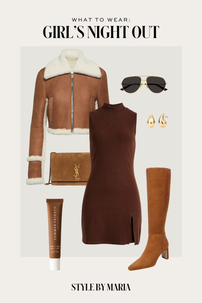 fall outfit with brown knee high boots